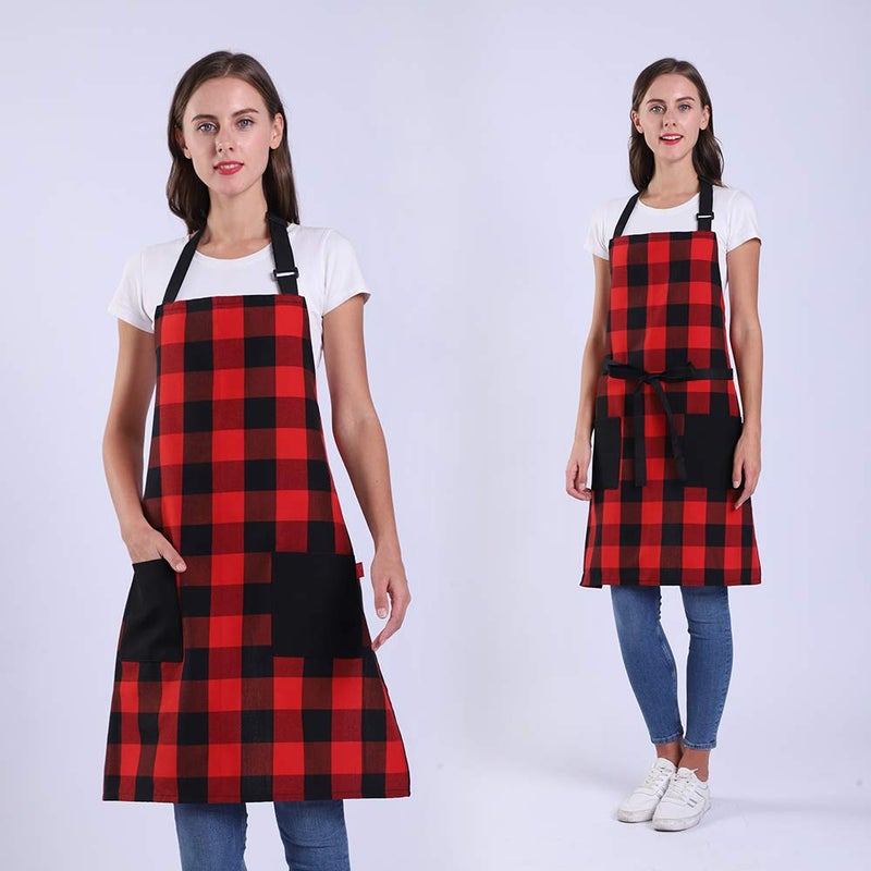 ALIPOBO Chef Bib Apron for Men Women, Christmas Gift, Kitchen Cooking Apron with 2 Pockets, 40" Long Ties and Adjustable Neck Strap - 32" x 28" - Red/Black - Image 2